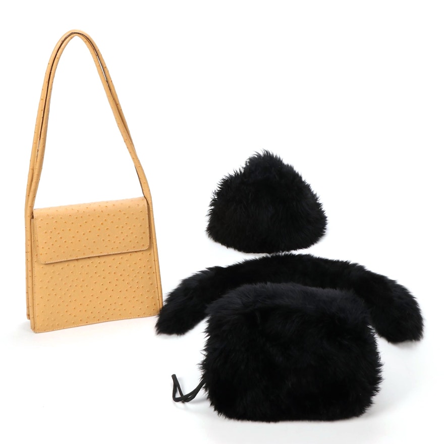 Faux Fur Hat, Collar, and Muff with Faux Ostrich Skin Shoulder Bag