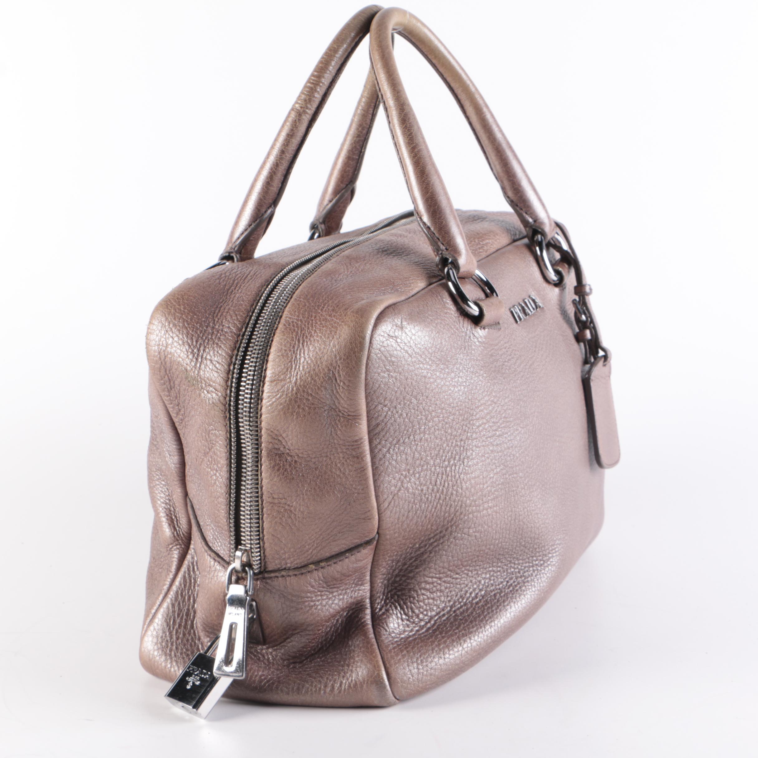 Prada Metallic Leather Top Handle Bag with Luggage Tag