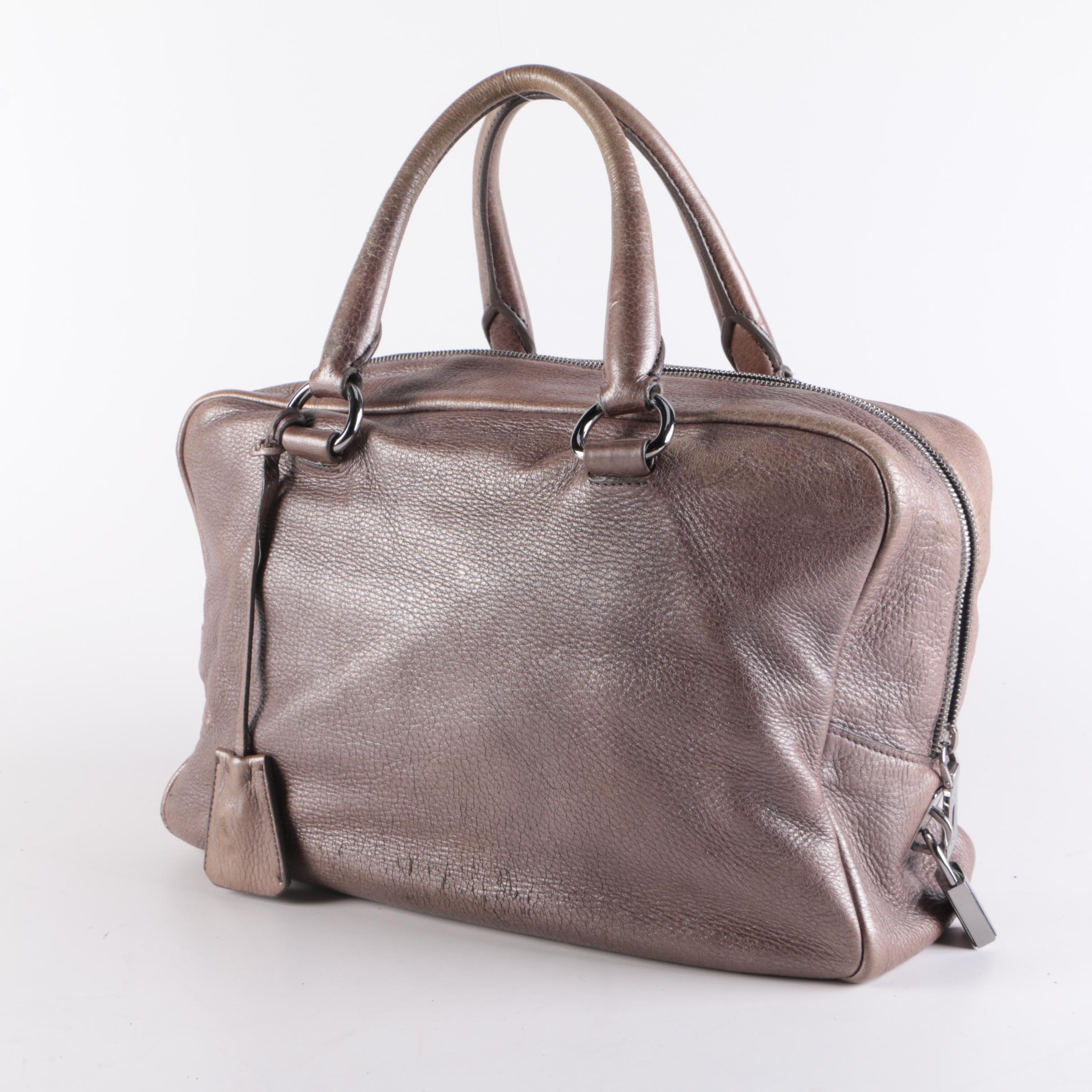 Prada Metallic Leather Top Handle Bag with Luggage Tag