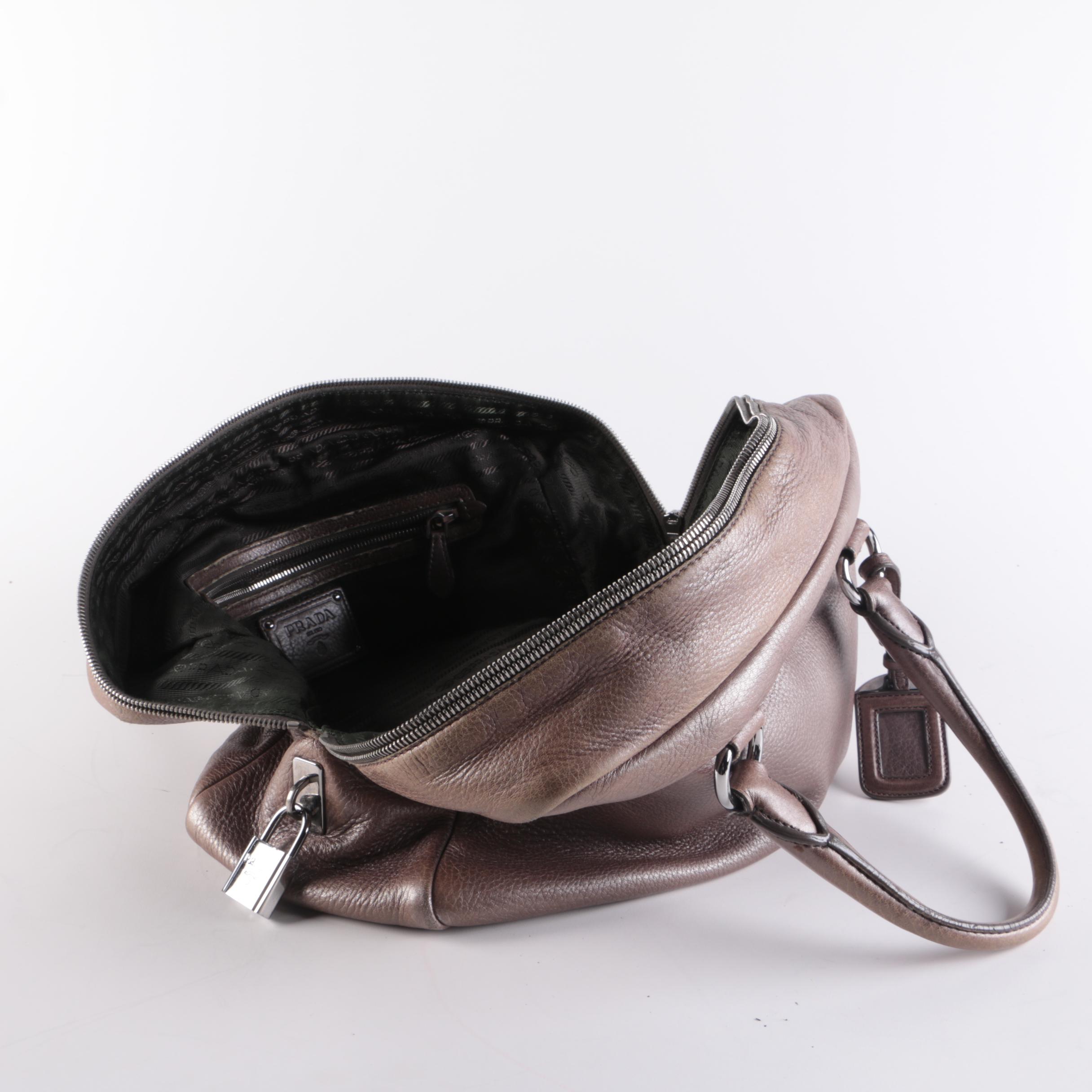 Prada Metallic Leather Top Handle Bag with Luggage Tag