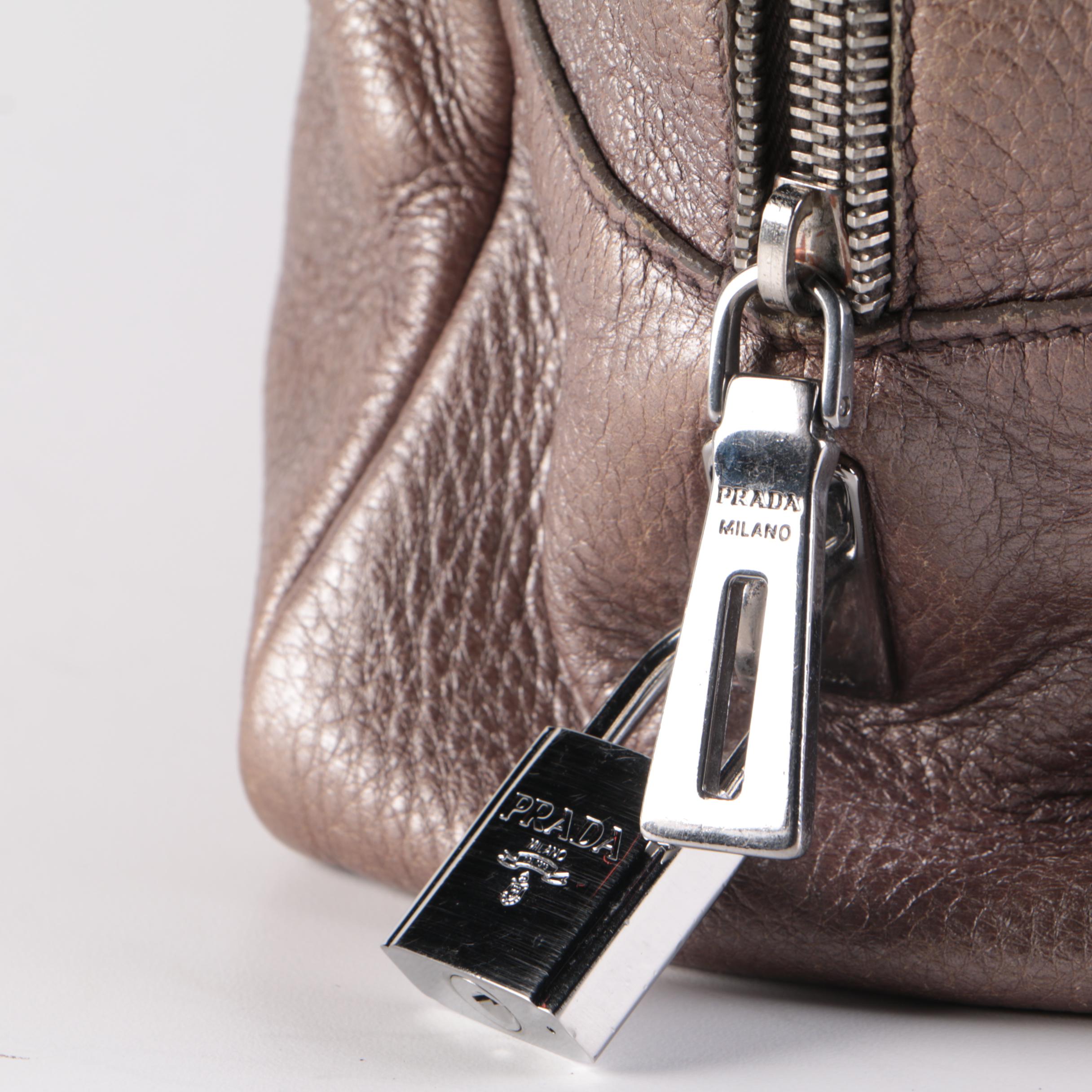 Prada Metallic Leather Top Handle Bag with Luggage Tag