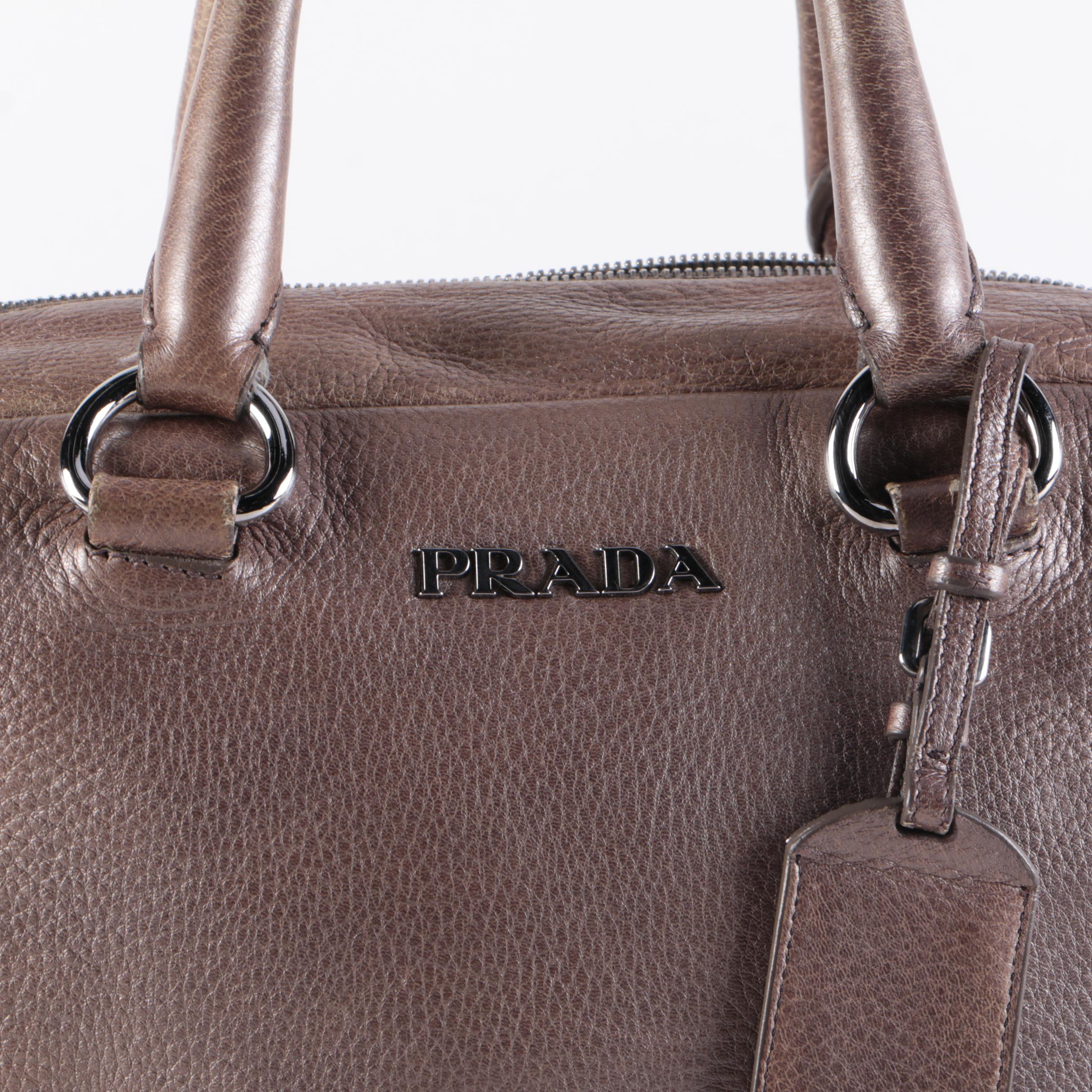 Prada Metallic Leather Top Handle Bag with Luggage Tag