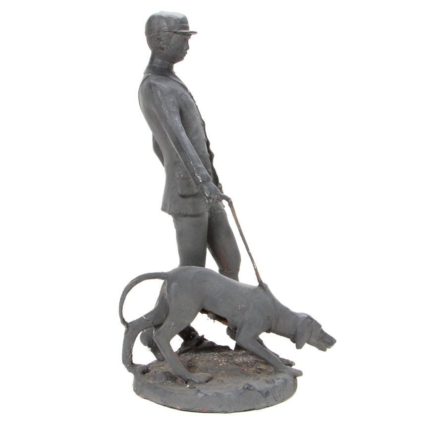 Cast Iron Statue of a Man Walking A Dog, Early to Mid 20th Century