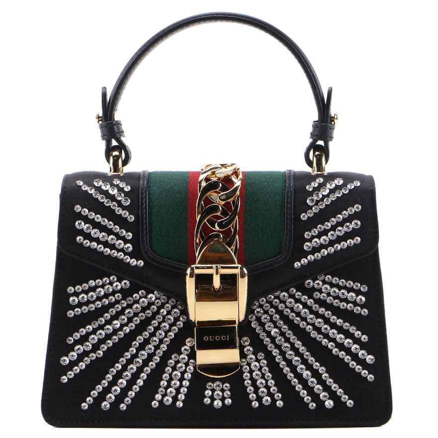 Gucci Mini Sylvie Crystal Burst Top Handle Bag in Black Satin