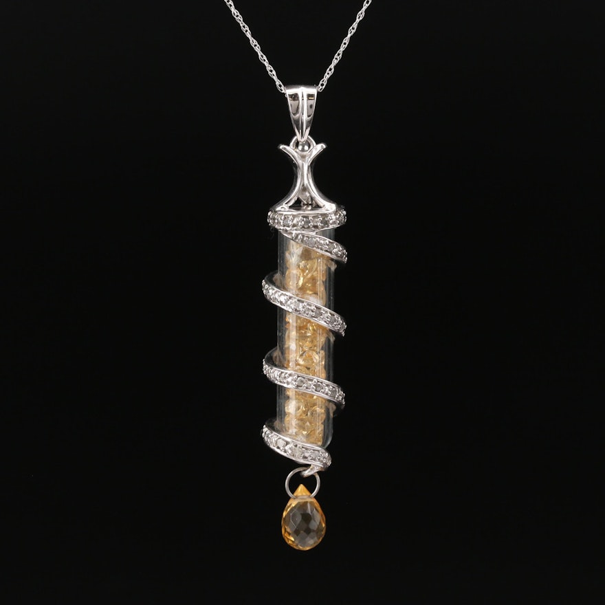 10K Diamond, Citrine Filled Glass Cylinder with Citrine Drop Pendant Necklace