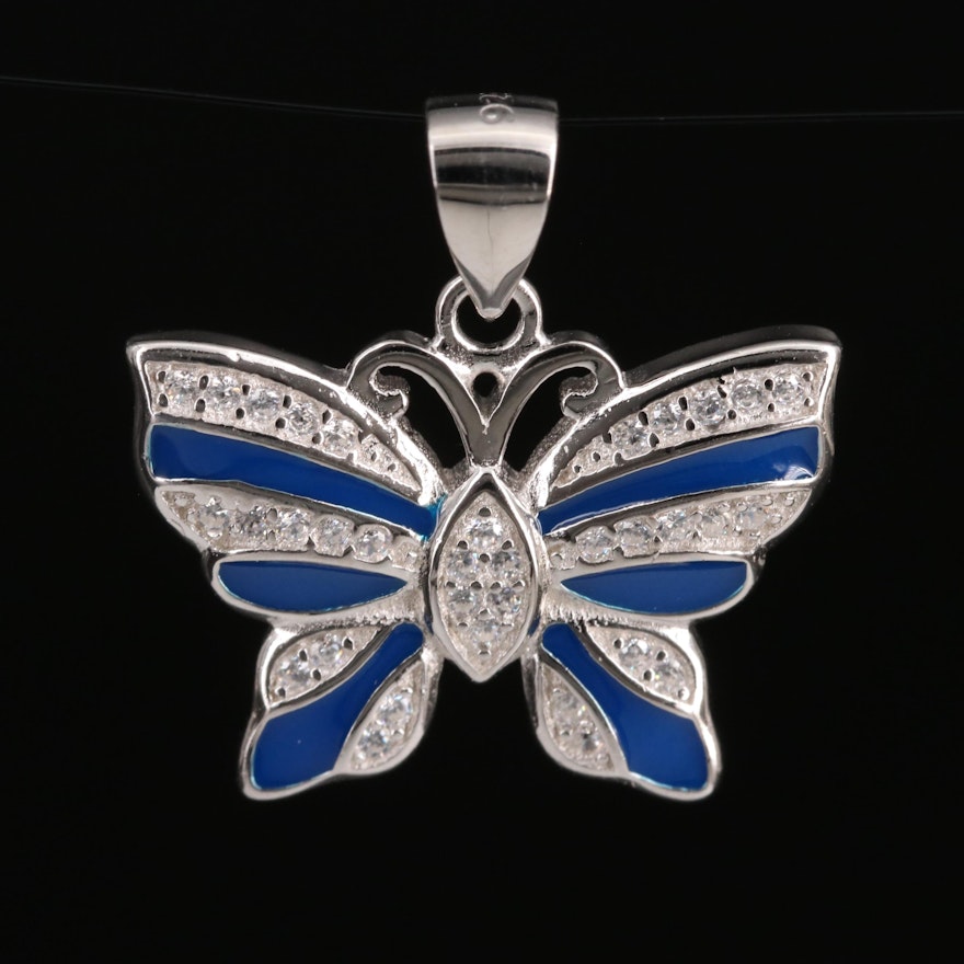 Sterling Silver Cubic Zirconia and Enamel Butterfly Pendant