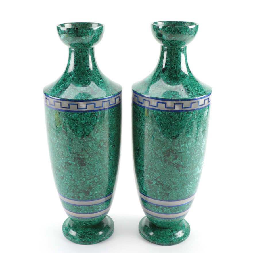 Pair of Composite Malachite Vases with Lapis and Agate Banding