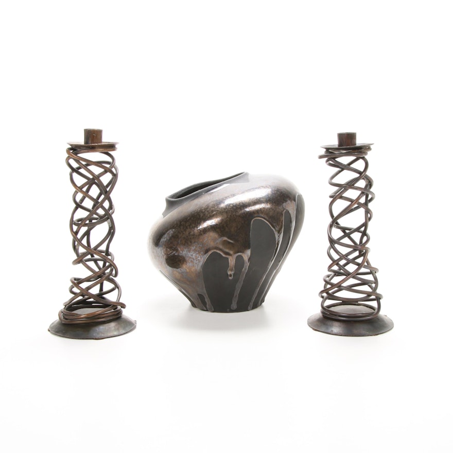 Haeger Pottery Drip Glazed Asymmetrical Ceramic Bowl and Bronze Candlesticks