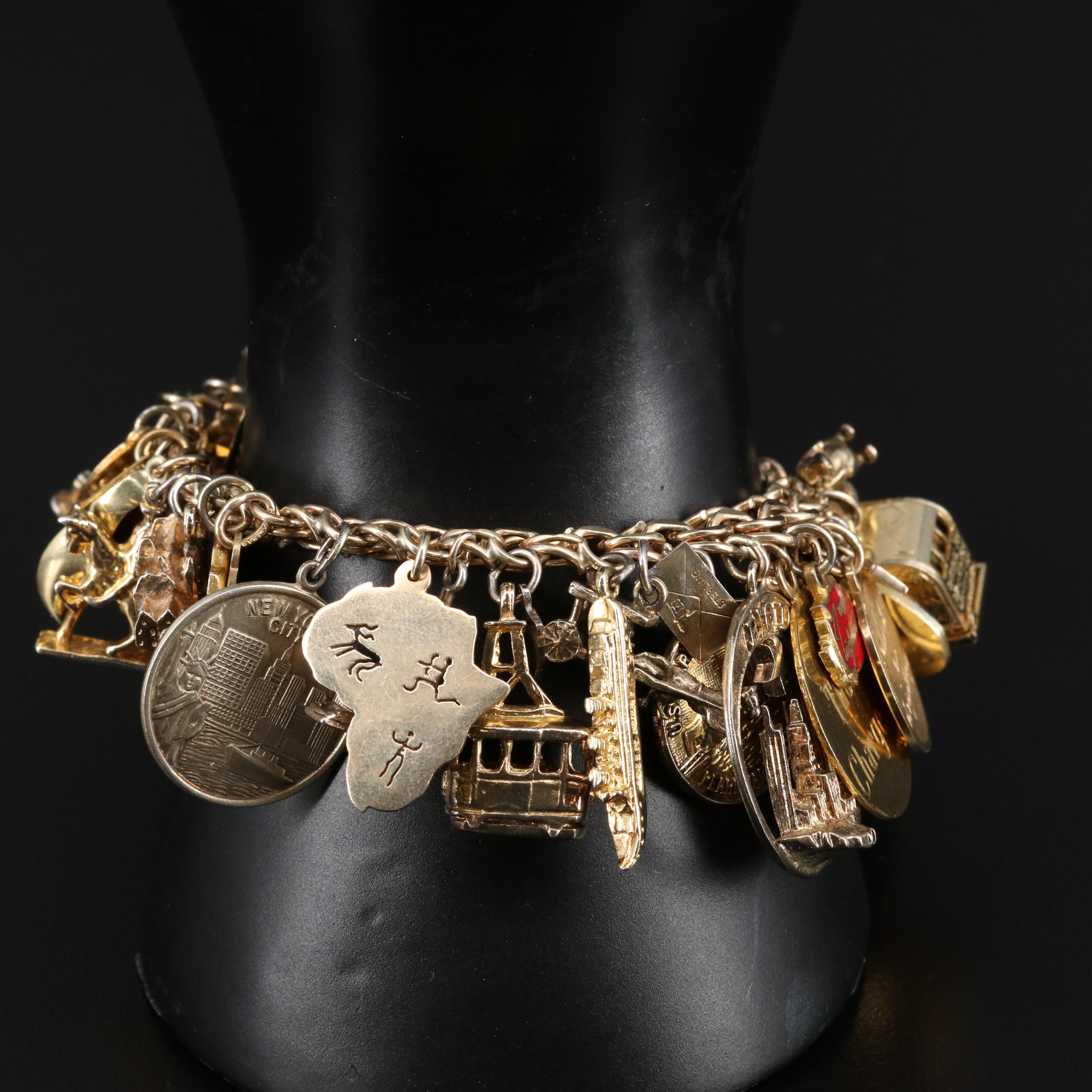 Vintage Gold Travel Themed Charm Bracelet with Mickey Mouse and Shakespeare