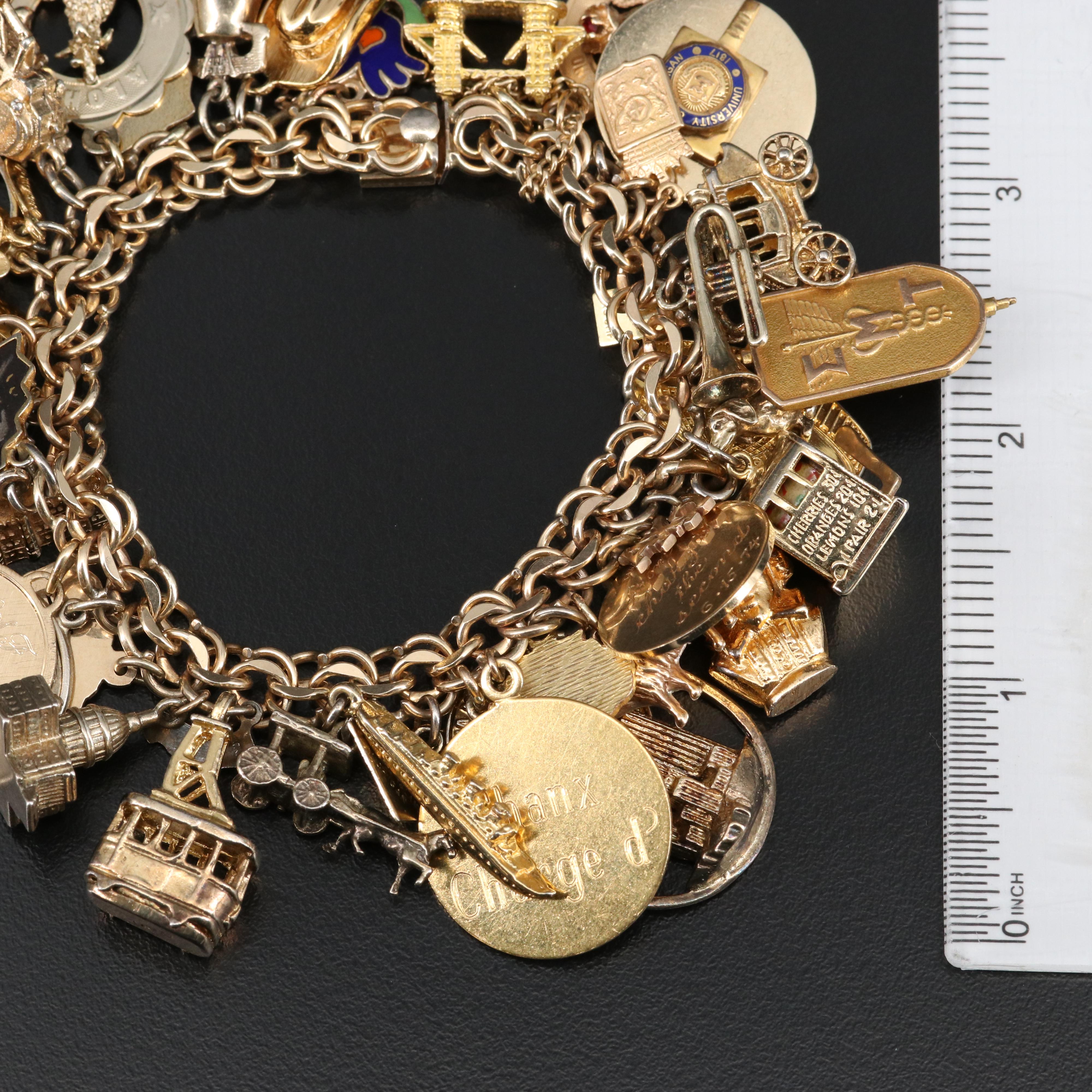 Vintage Gold Travel Themed Charm Bracelet with Mickey Mouse and Shakespeare