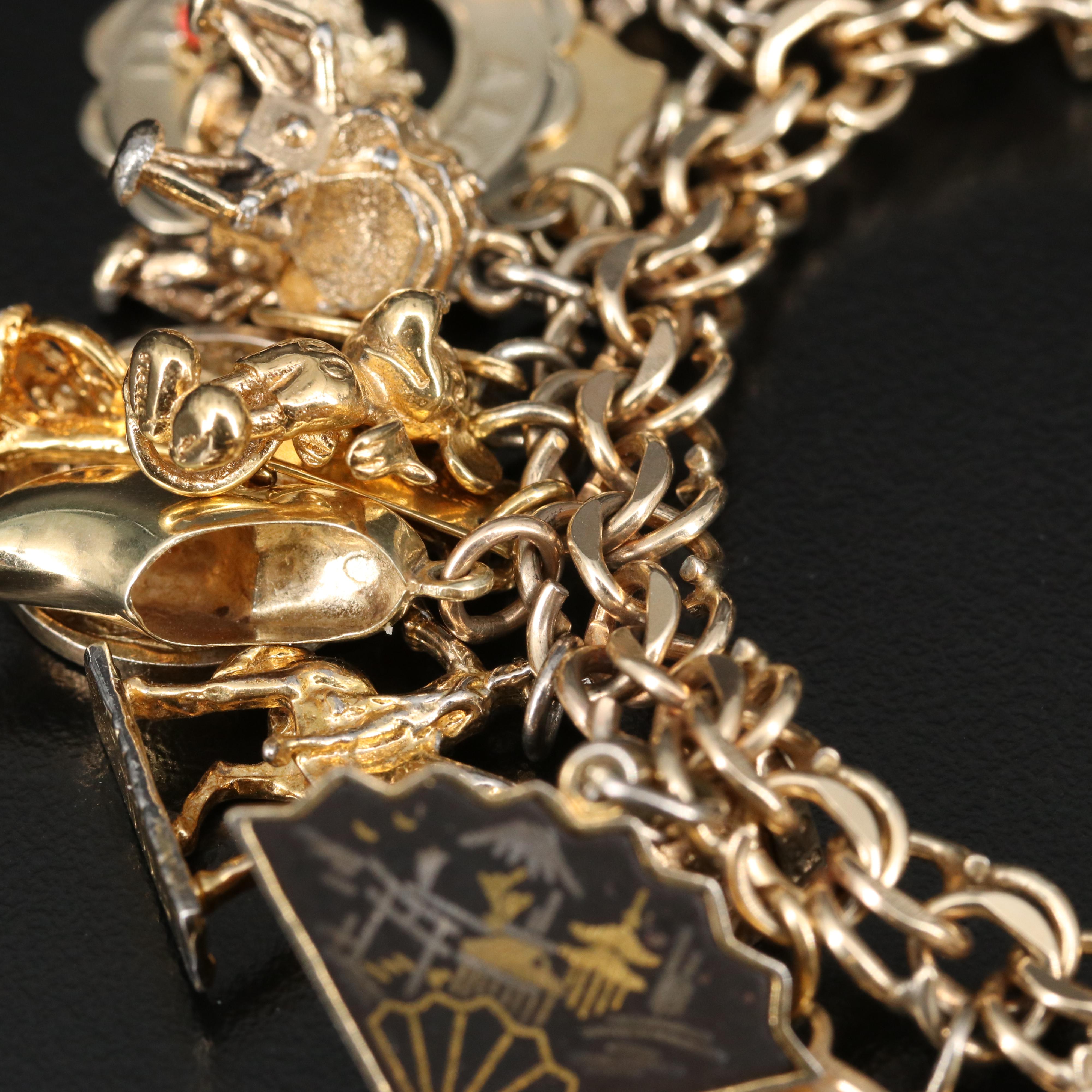 Vintage Gold Travel Themed Charm Bracelet with Mickey Mouse and Shakespeare