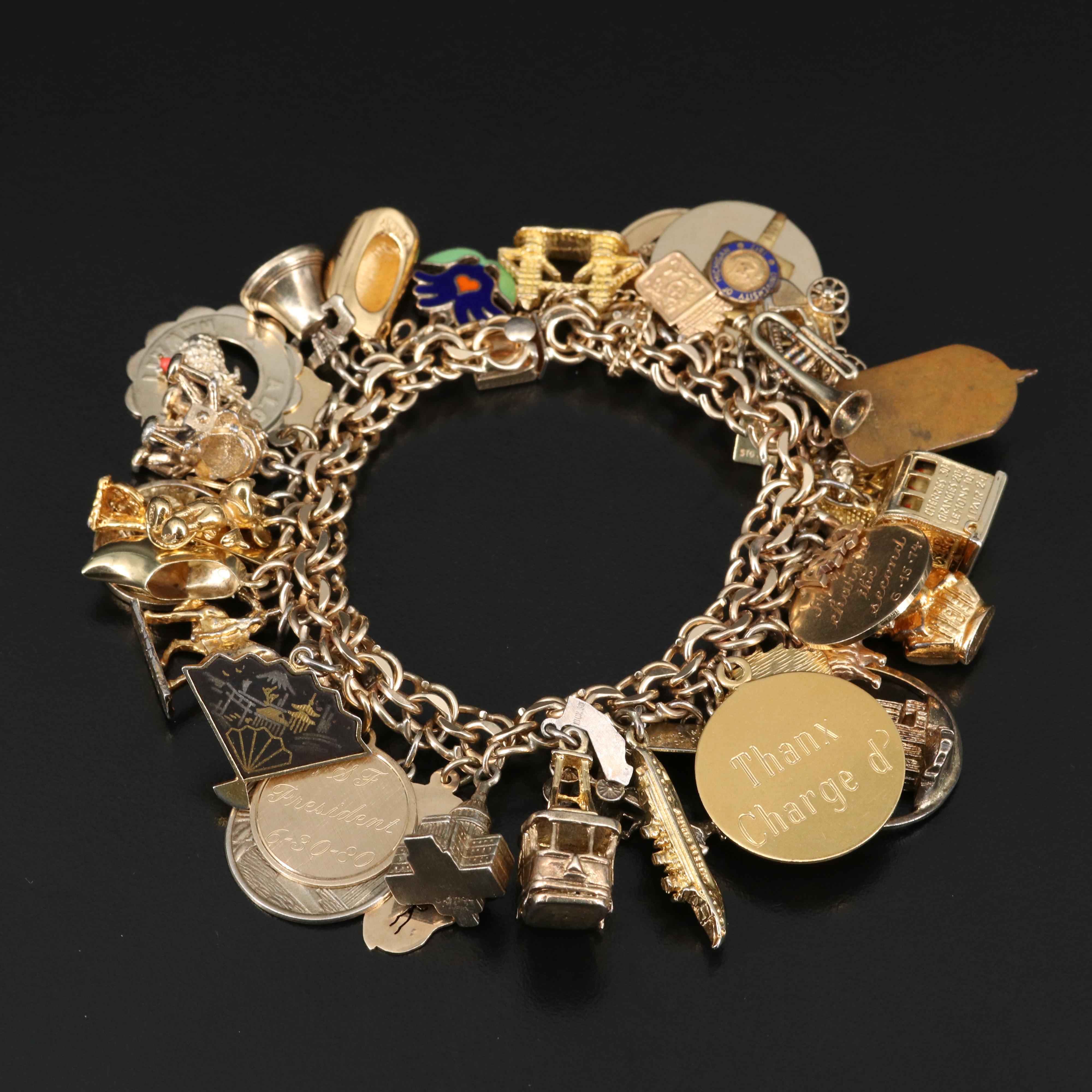 Vintage Gold Travel Themed Charm Bracelet with Mickey Mouse and Shakespeare