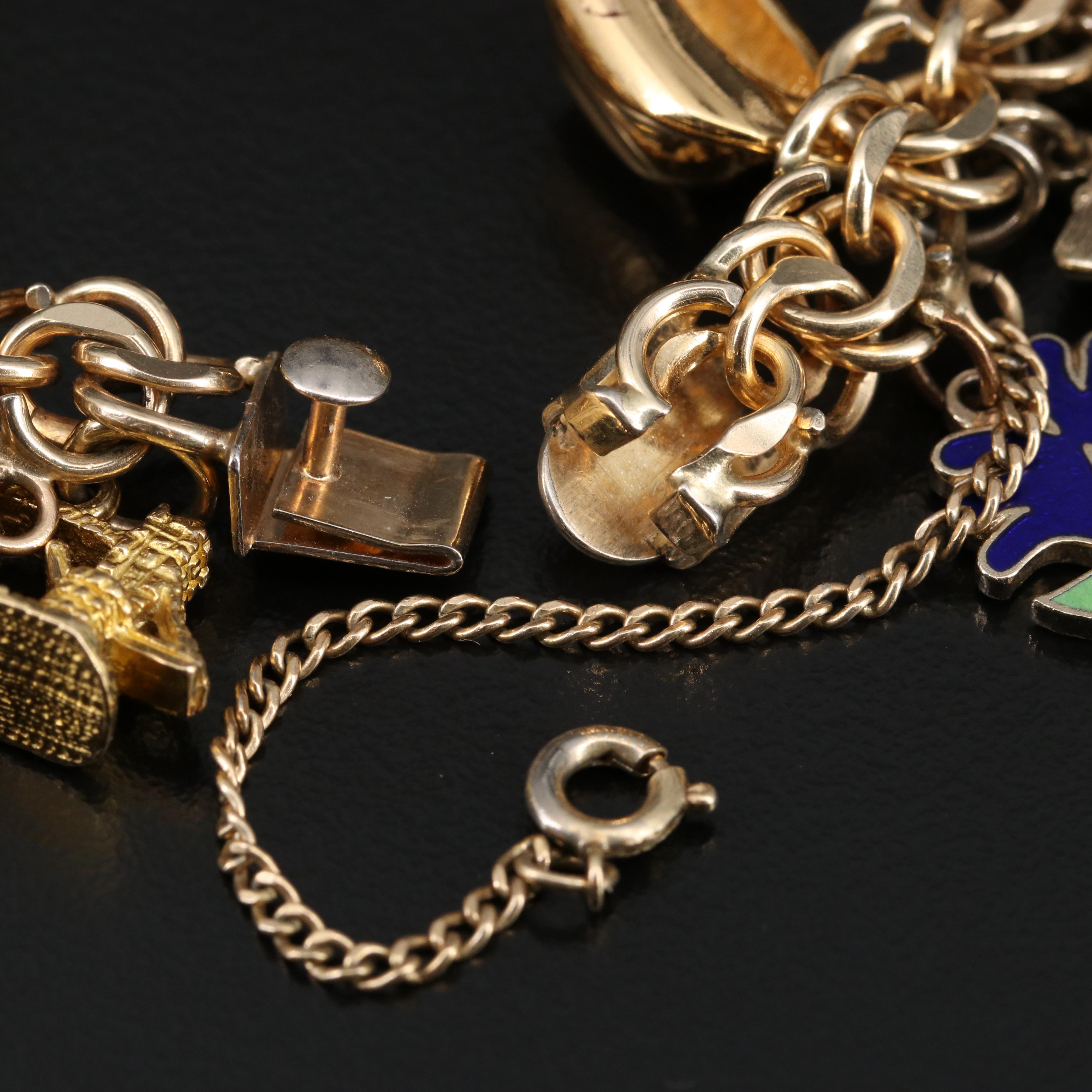Vintage Gold Travel Themed Charm Bracelet with Mickey Mouse and Shakespeare