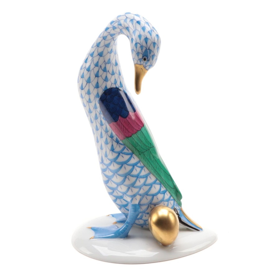 Herend Blue Fishnet with Gold "Goose with Golden Egg" Porcelain Figurine