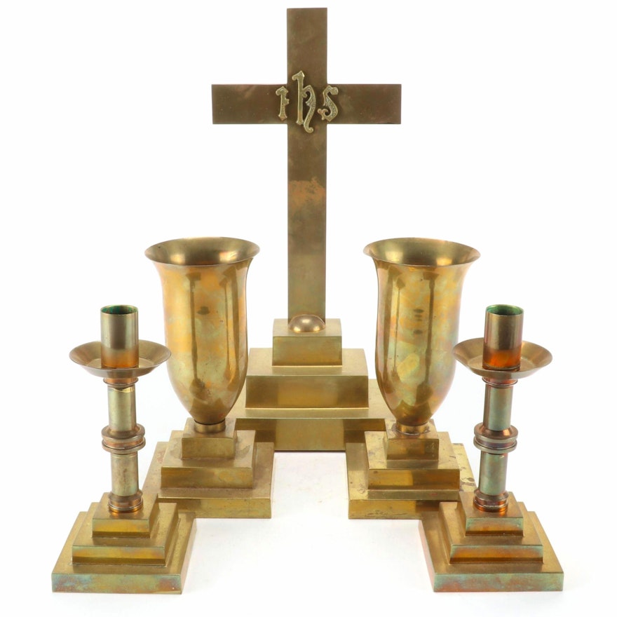 Brass Altar Set with Cross, Chalices, and Candlesticks