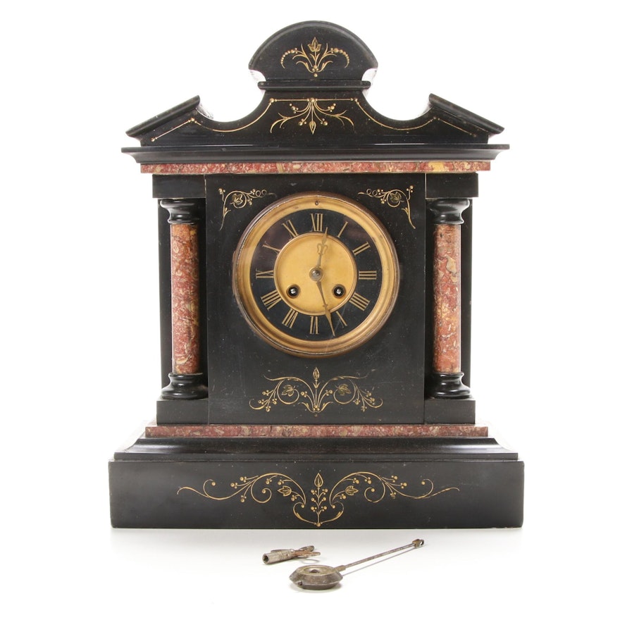 Fritz Marti French Slate and Marble Mantel Clock, Late 19th/Early 20th Century