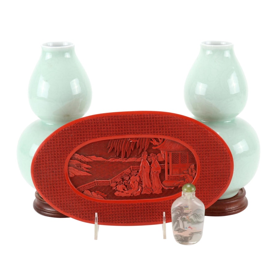 Chinese Celadon Vases, Faux Cinnabar Tray and Reverse Painted Snuff Bottle