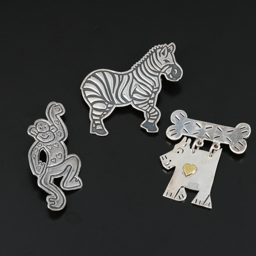 Mexican Sterling Silver Zebra, Monkey and Dog Brooches