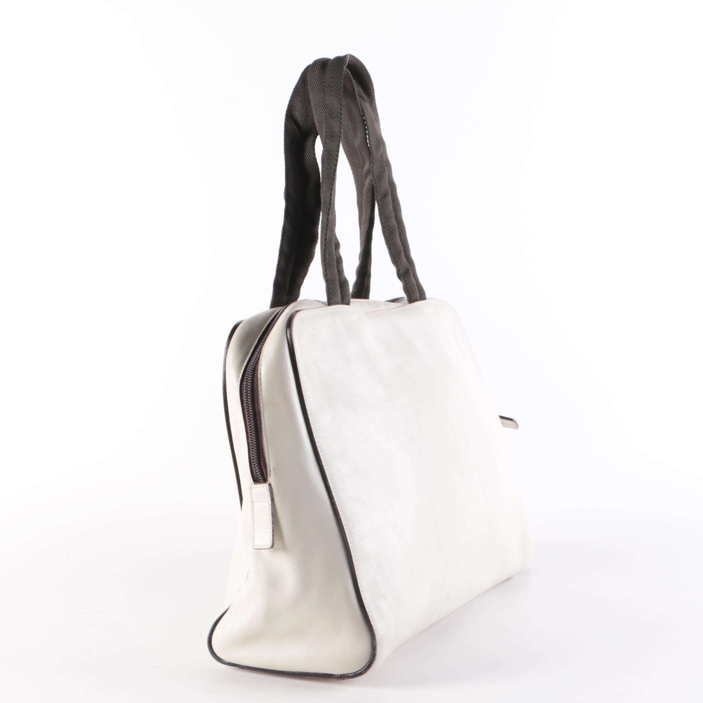 Prada Ivory Smooth Leather Top Handle Bag with Grosgrain Handles