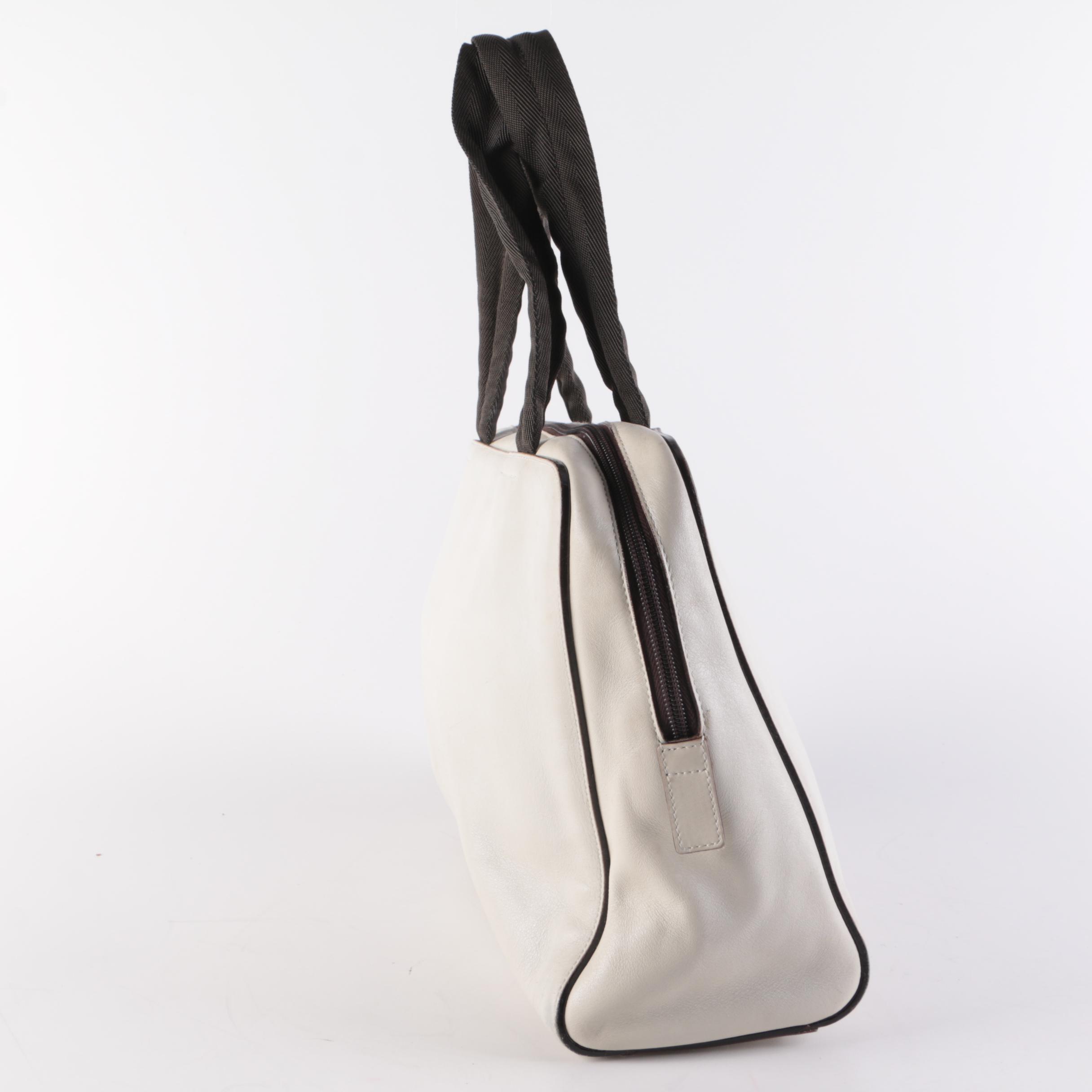 Prada Ivory Smooth Leather Top Handle Bag with Grosgrain Handles