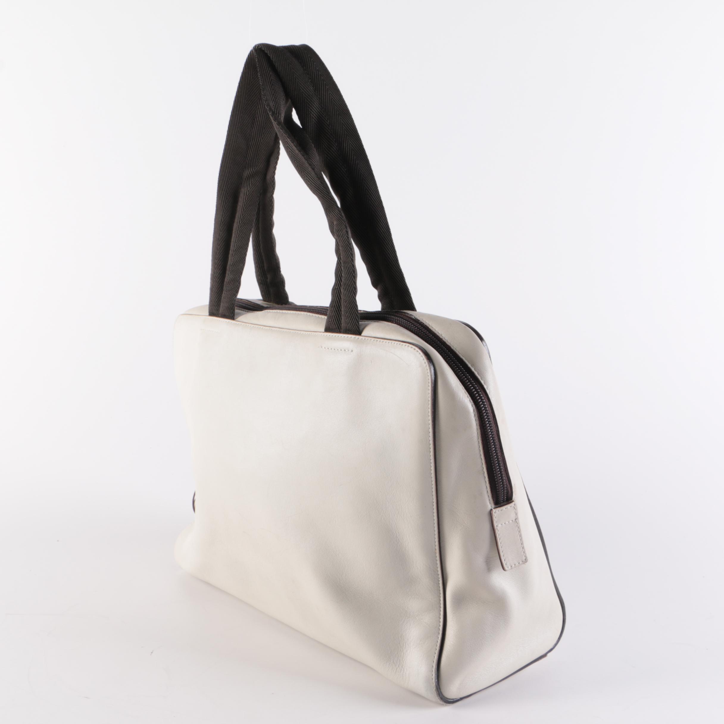 Prada Ivory Smooth Leather Top Handle Bag with Grosgrain Handles