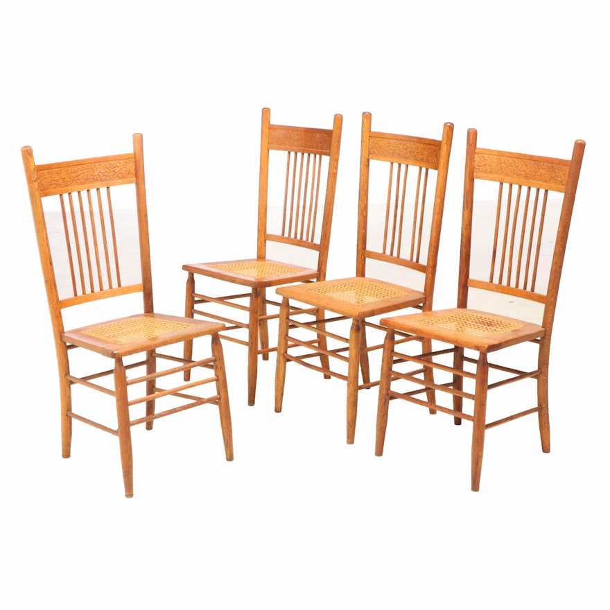 Four Late Victorian Oak Pressed and Rod-Back Side Chairs, circa 1900