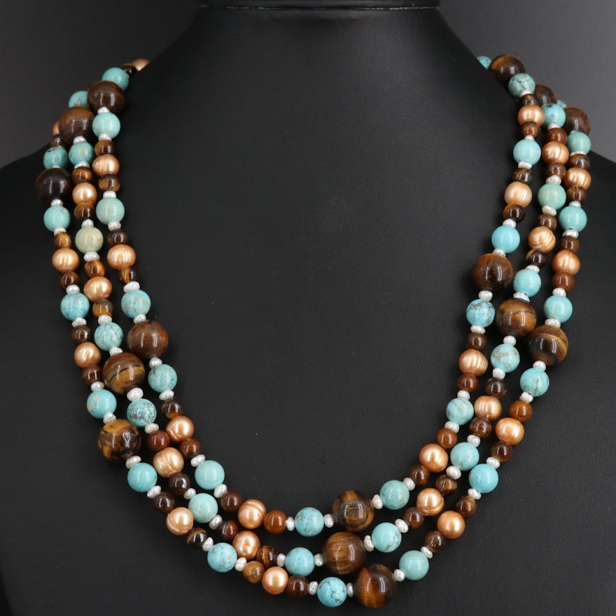 Tiger's Eye, Magnesite and Pearl Multi-Strand Necklace with Sterling Silver