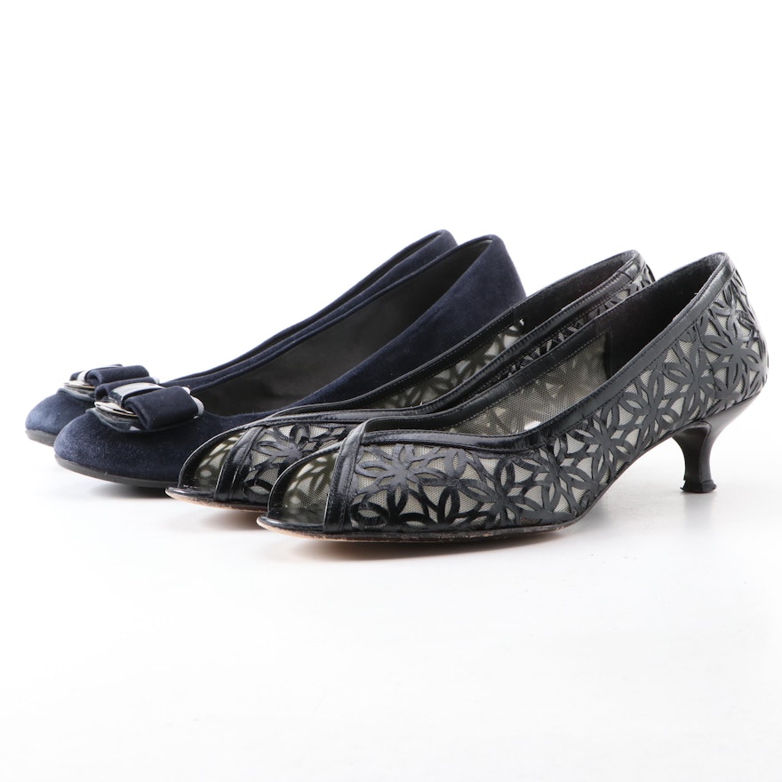 Stuart Weitzman Navy Suede Wedges and Black Lazer Cut Style Kitten Heels