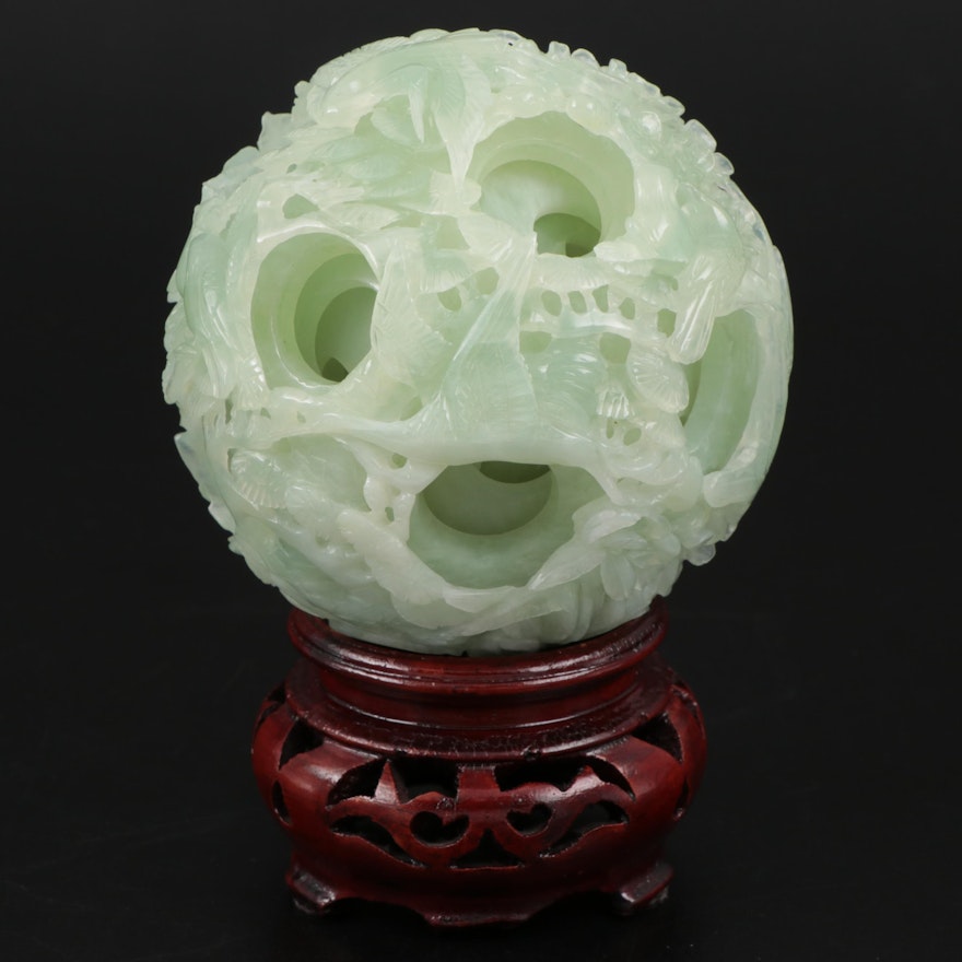 Chinese Carved Serpentine Puzzle Ball with Wooden Base