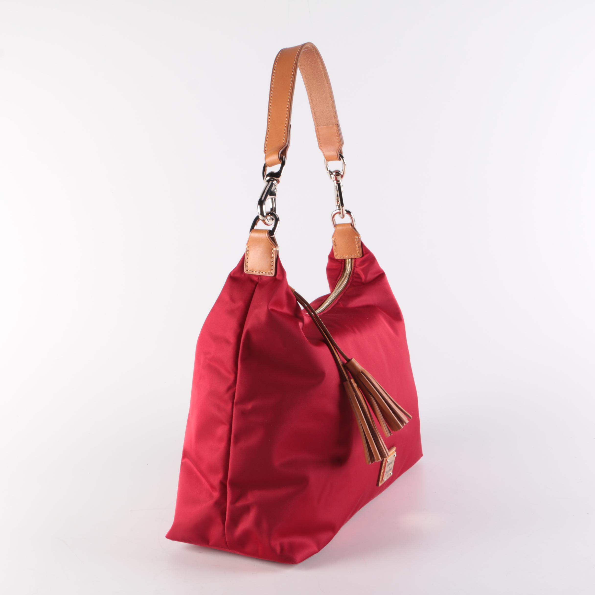 Dooney & Bourke Juliette Tassel Hobo Bag in Red Nylon with Tan Leather Trim