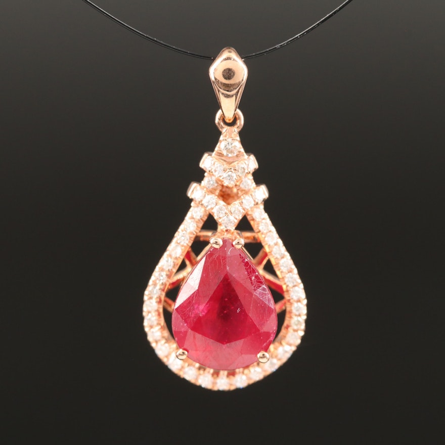 14K Corundum and Diamond Teardrop Pendant