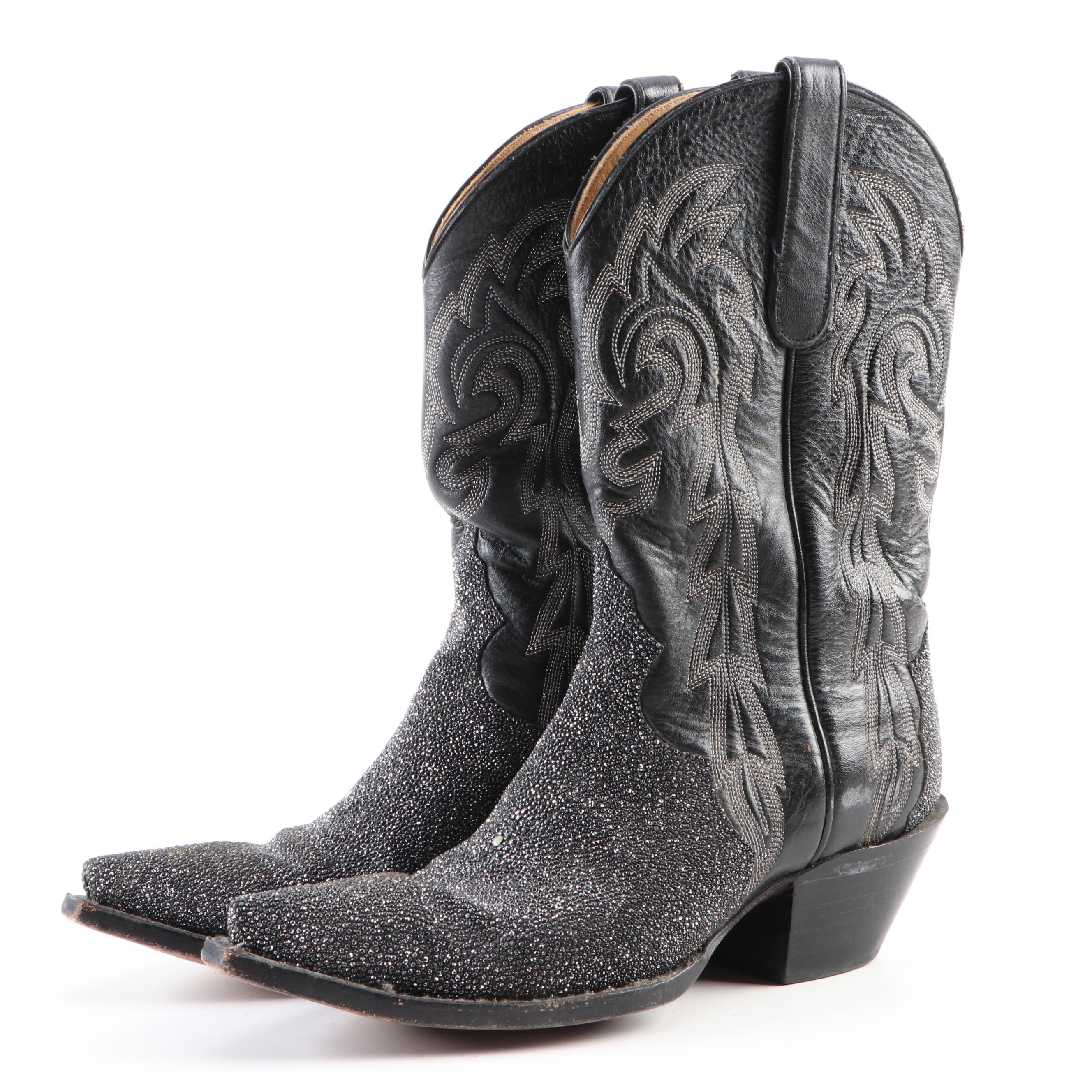 Stingray Skin and Black Leather Snip Toe Western Boots