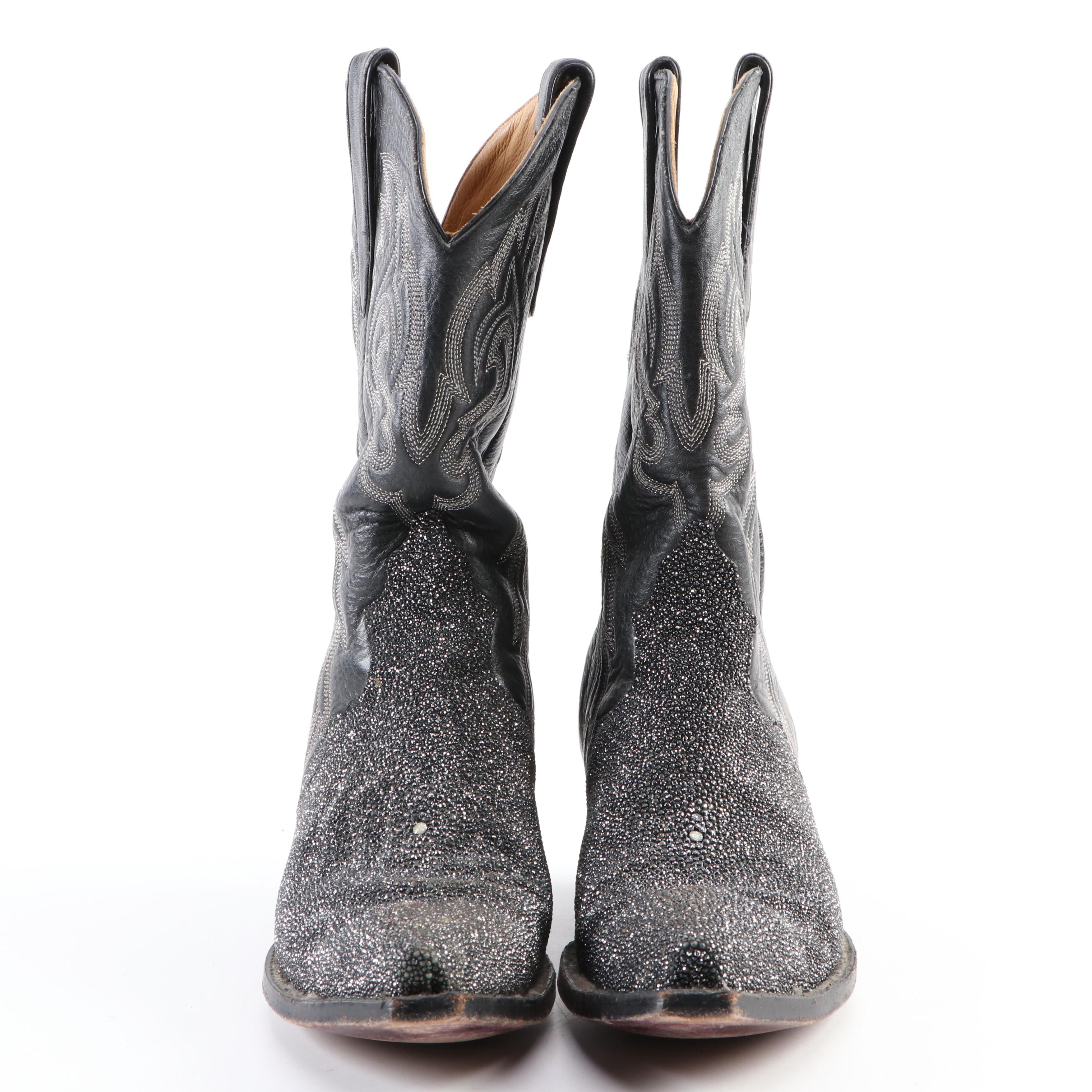 Stingray Skin and Black Leather Snip Toe Western Boots