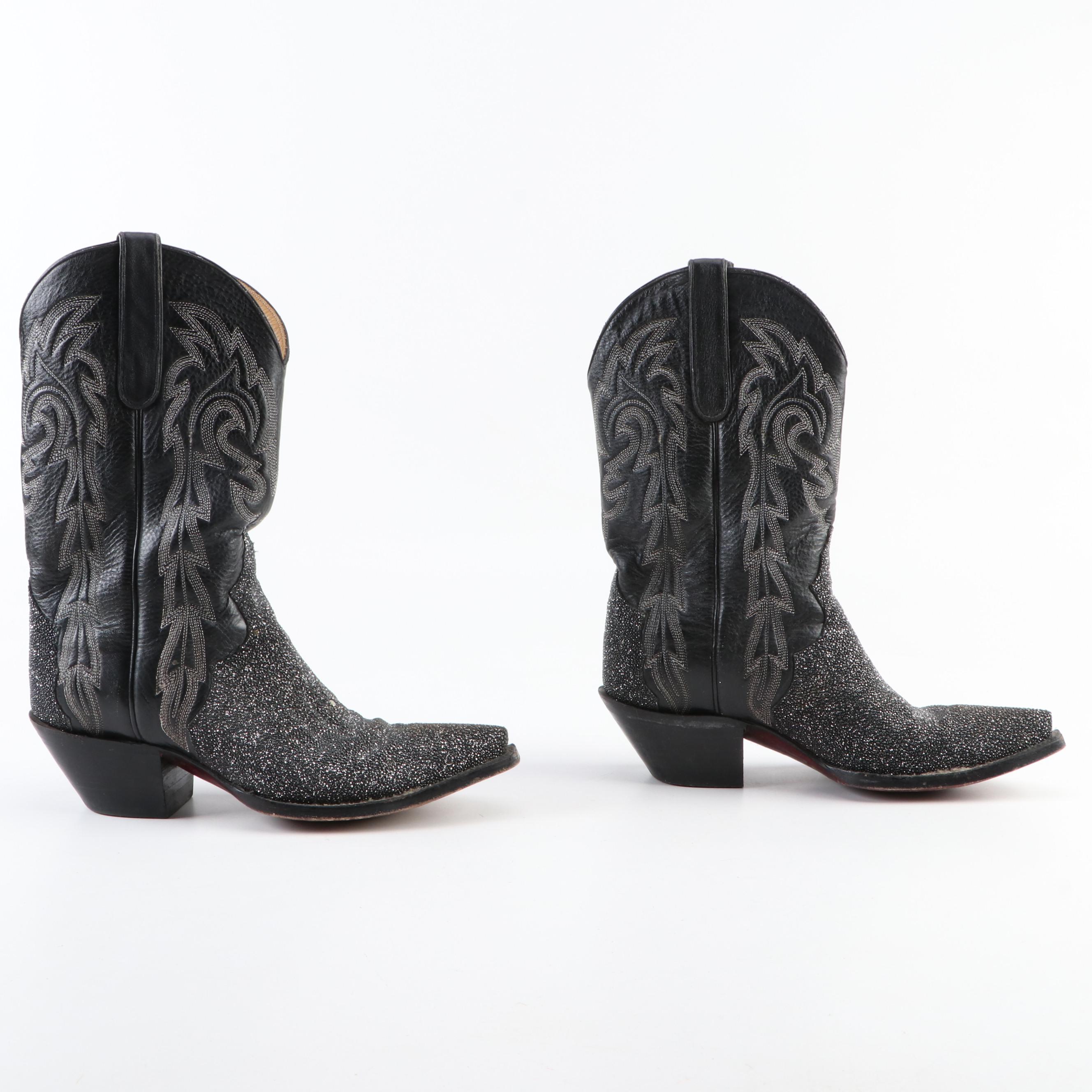 Stingray Skin and Black Leather Snip Toe Western Boots