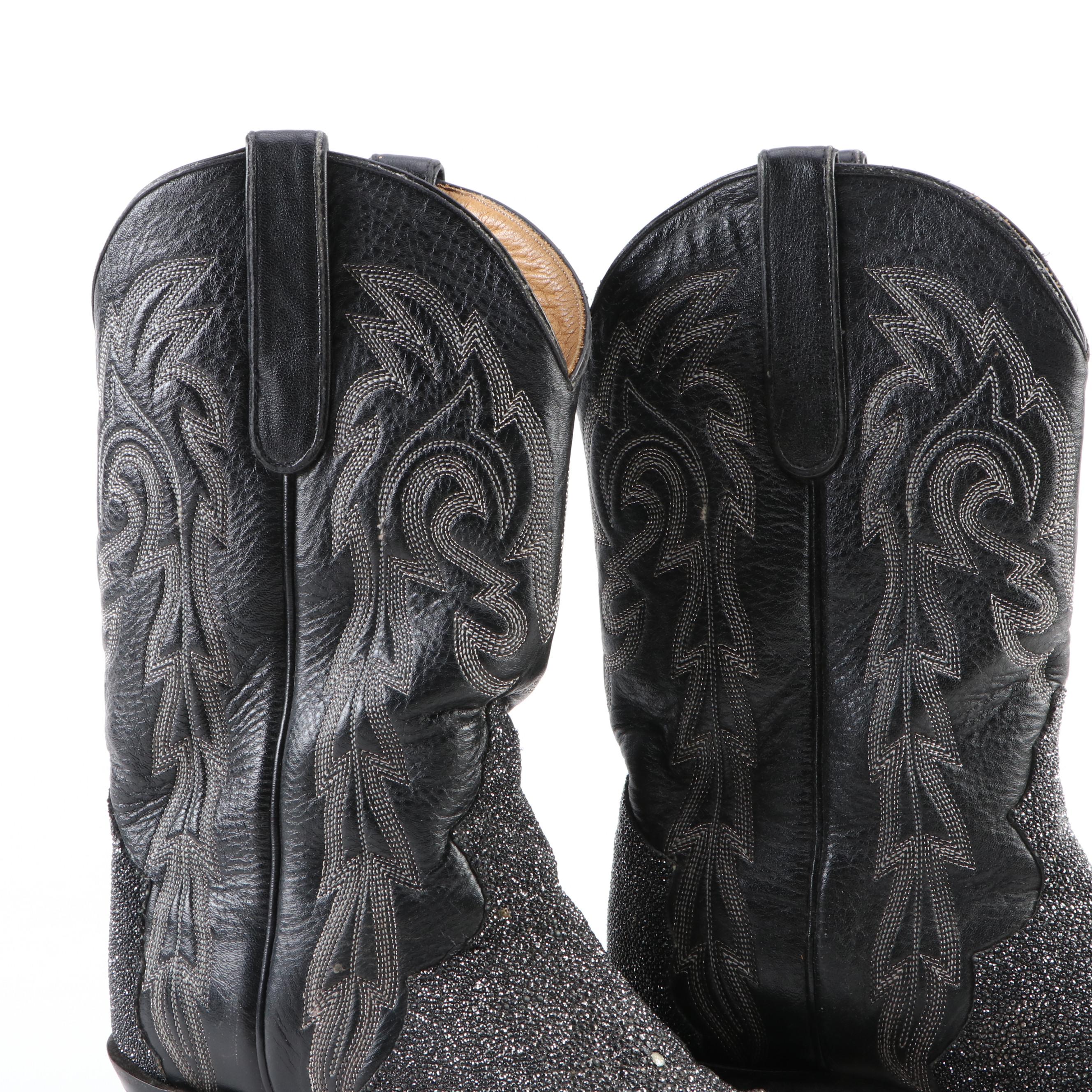 Stingray Skin and Black Leather Snip Toe Western Boots