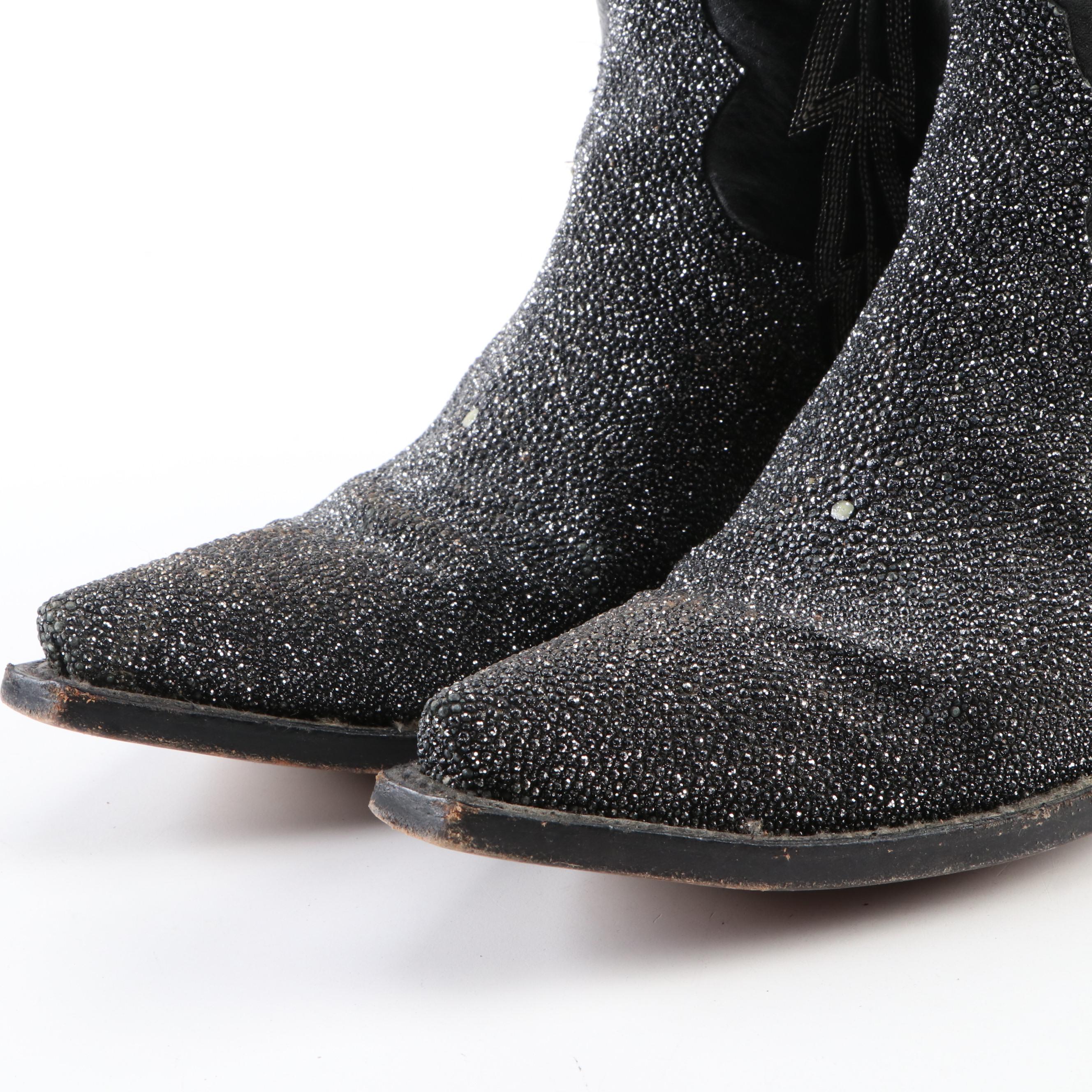 Stingray Skin and Black Leather Snip Toe Western Boots
