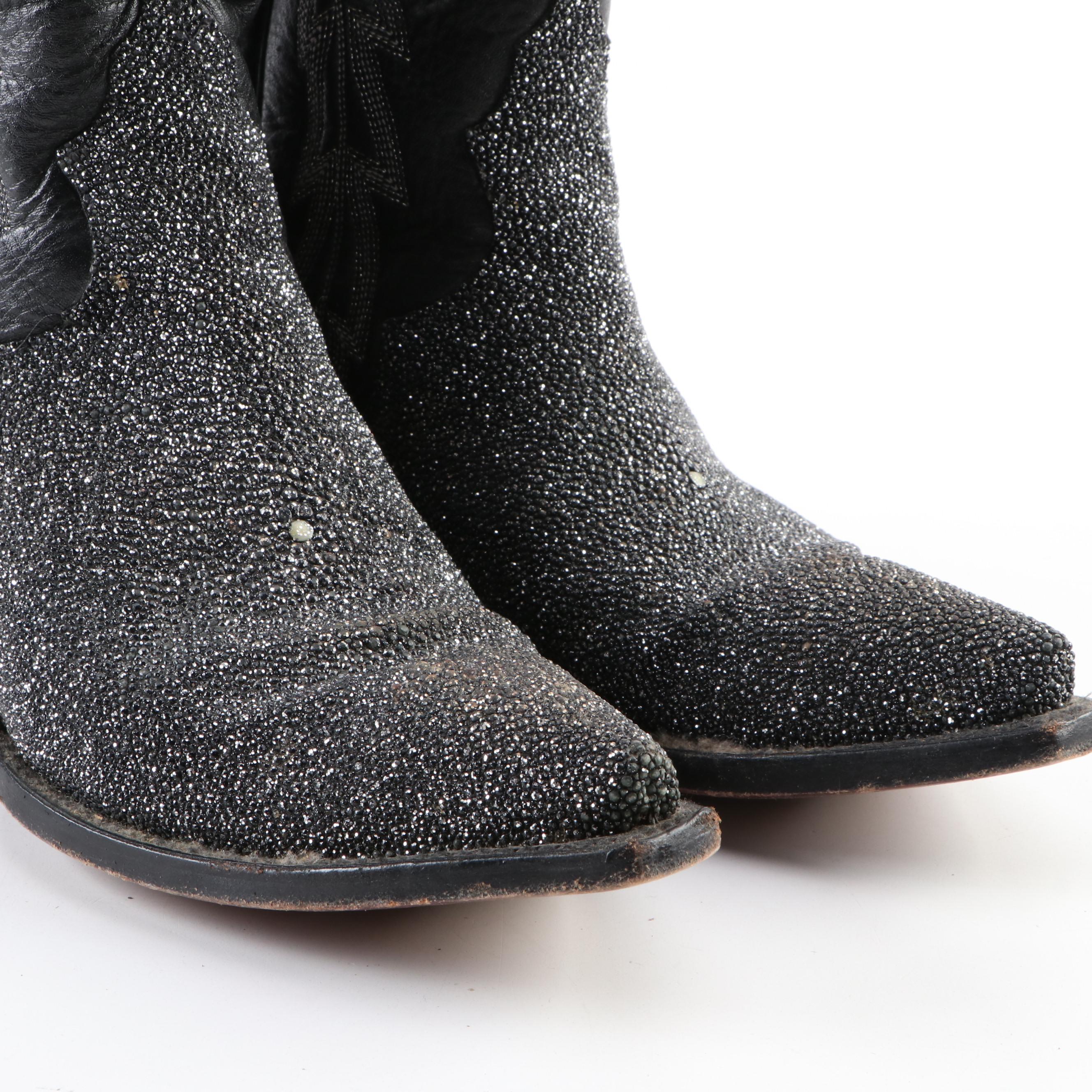 Stingray Skin and Black Leather Snip Toe Western Boots