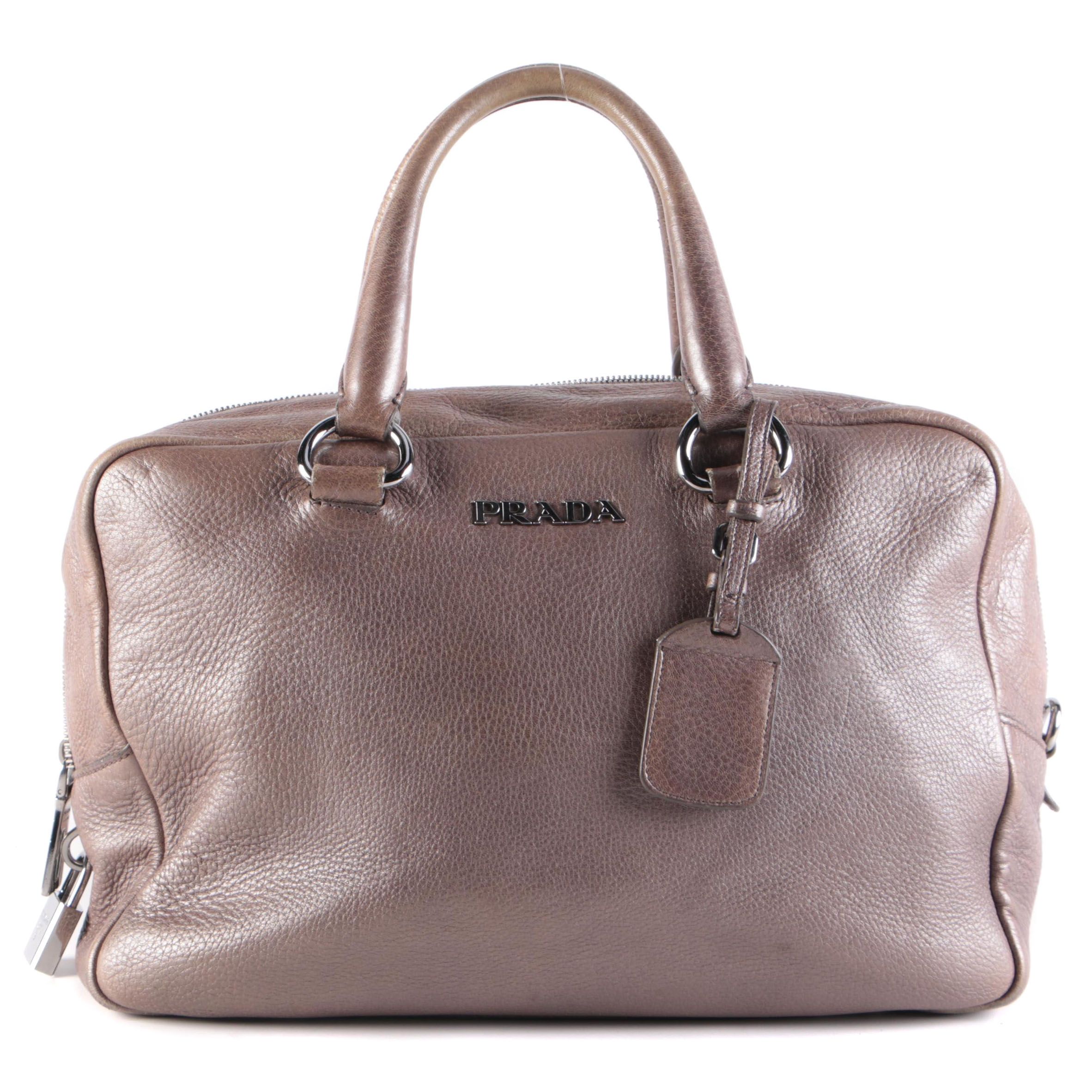 Prada Metallic Leather Top Handle Bag with Luggage Tag