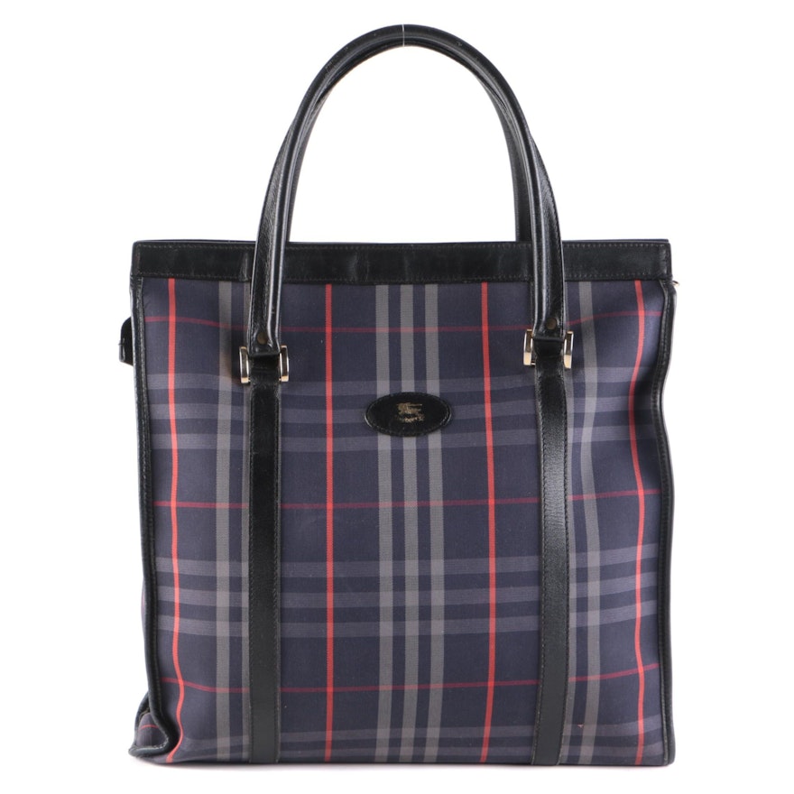 Burberry Navy Check Tote Bag with Black Leather Trim