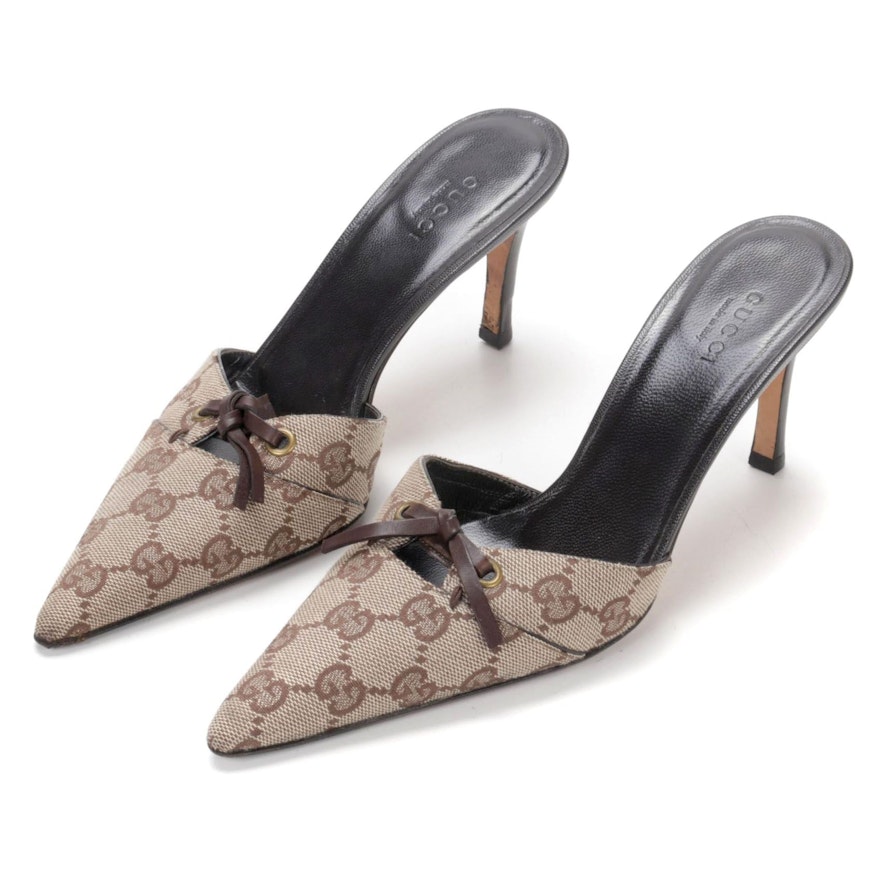 Gucci Signature Canvas Pointed Toe Mules with Leather Bows