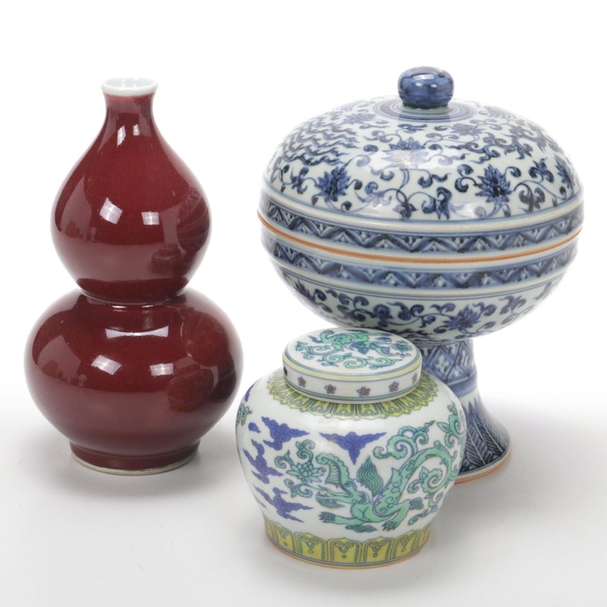 Yasuhiro Seisakusho Sang de Boeuf Double Gourd Vase and Other Porcelain Accents