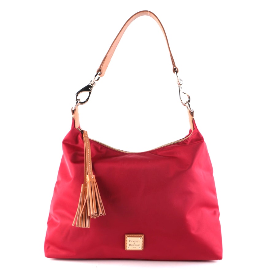 Dooney & Bourke Juliette Tassel Hobo Bag in Red Nylon with Tan Leather Trim