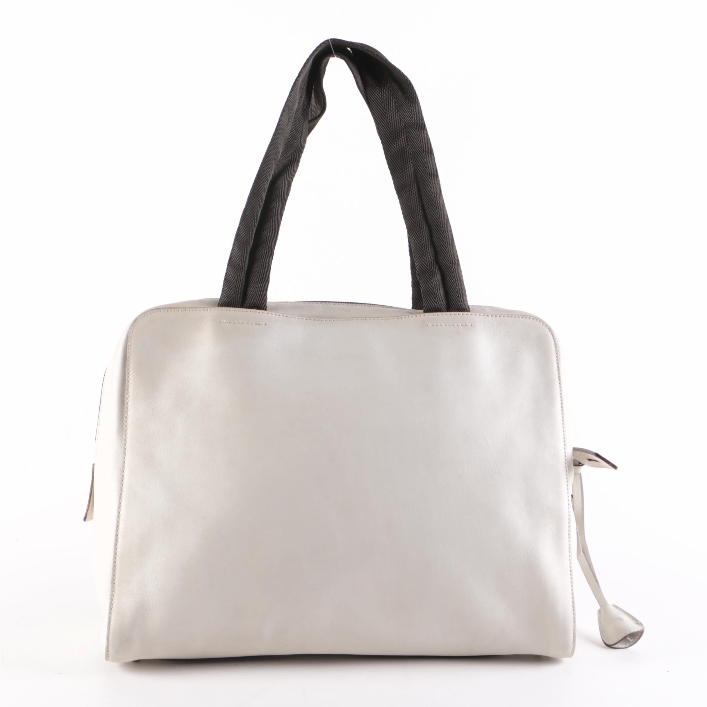 Prada Ivory Smooth Leather Top Handle Bag with Grosgrain Handles