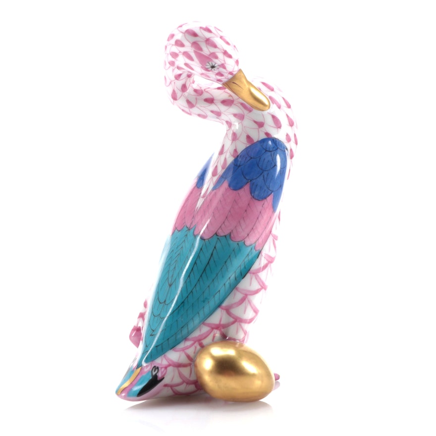 Herend Raspberry Fishnet "Goose with Golden Egg" Porcelain Figurine, Dec. 1993