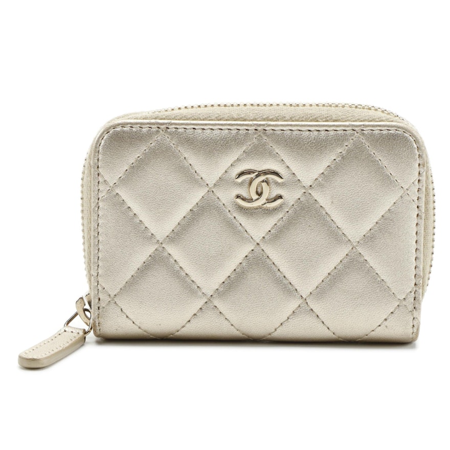 Chanel CC Small Zip Coin Purse in Metallic Quilted Lambskin