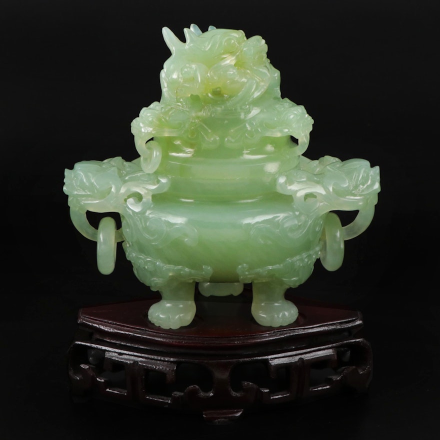 Chinese Carved Serpentine Dragon Ring Handled Censer