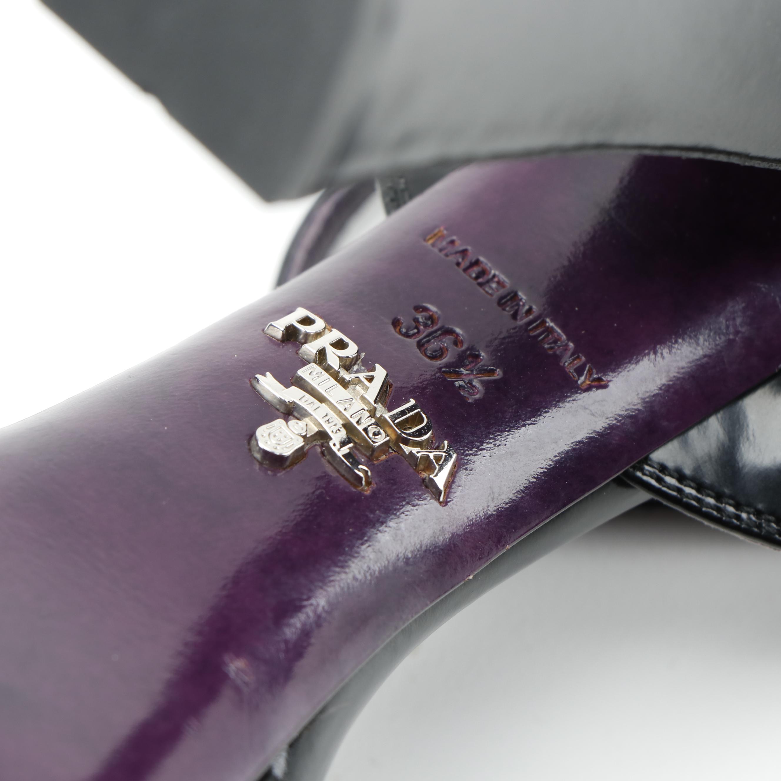 Prada Platform High Heel Sandals in Black Glazed Leather