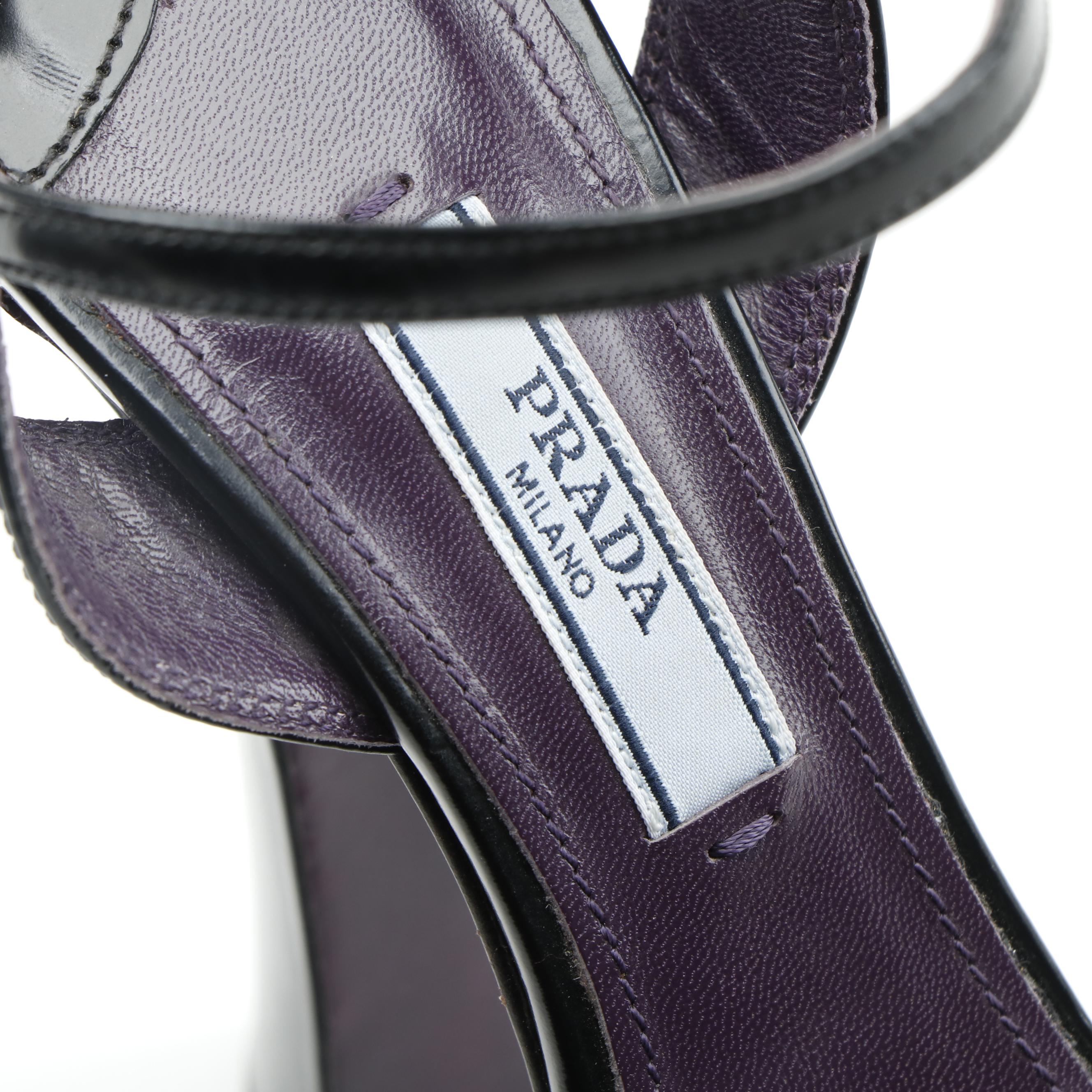 Prada Platform High Heel Sandals in Black Glazed Leather