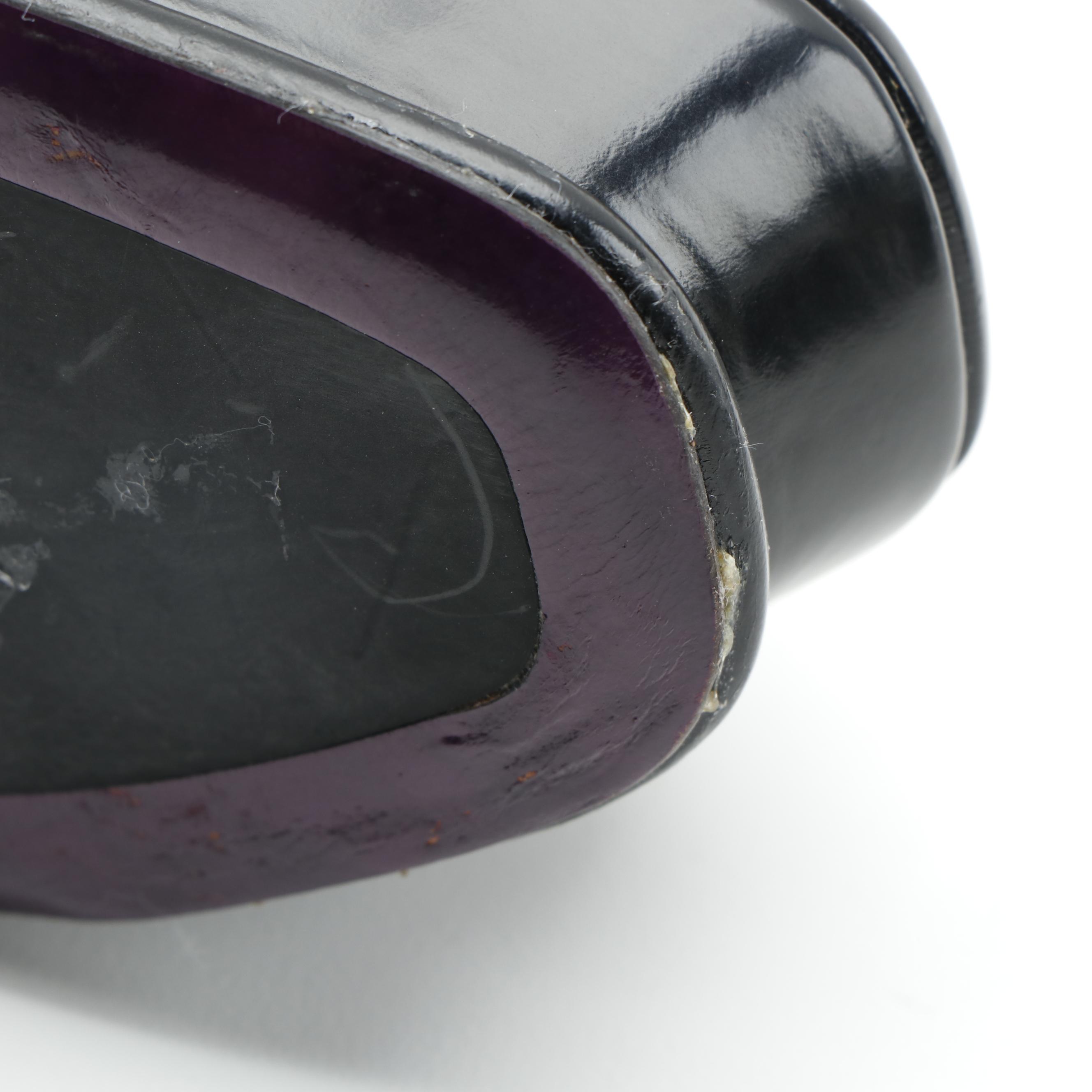 Prada Platform High Heel Sandals in Black Glazed Leather