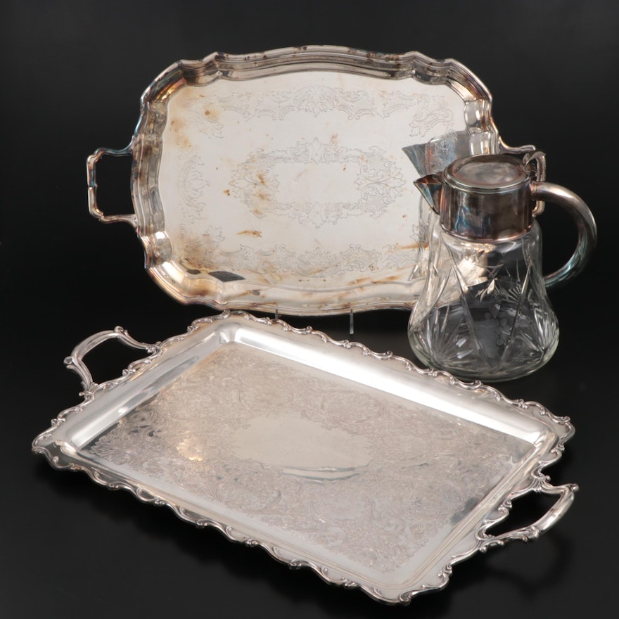 Silver Plate Etched Glass Syrup, Silver Plate Trays Including Sheffield Silver